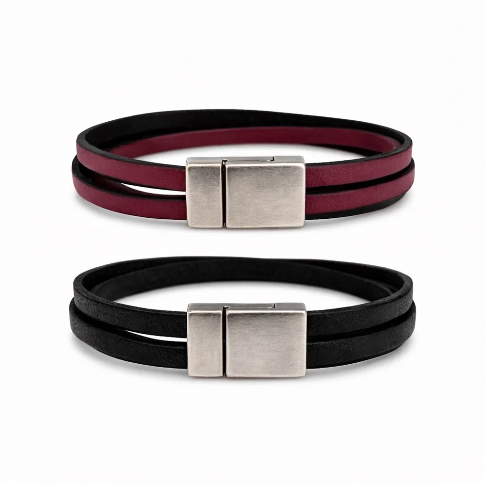 Burgundy and Black Leather Bracelet with Silver Clasp Set of 2 - Picture 2 of 3